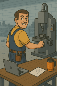 Happy machinists machining and automating office tasks.